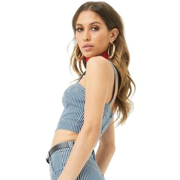 FOREVER 21 Striped Denim Crop Top and Wide Leg Jean 2 Piece Set Size Sma… - Picture 4 of 15